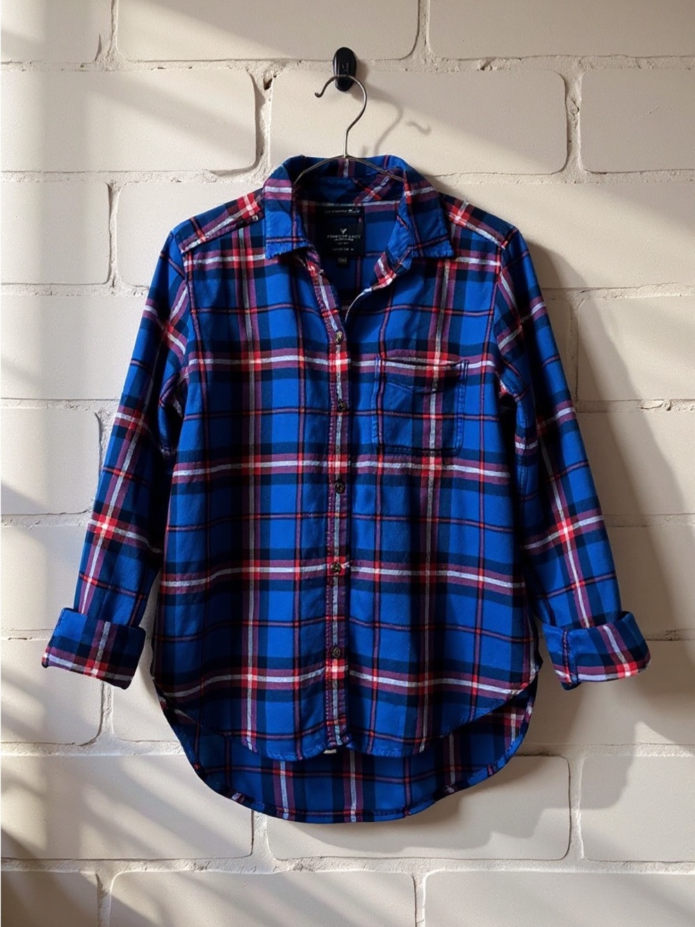 American Eagle Blue & Red Plaid Ahh-mazingly Soft Boyfriend Fit Flannel Shirt S